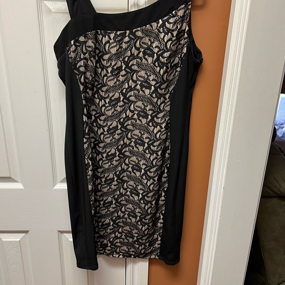 S.L. Fashions Black and Cream One Shoulder Dress